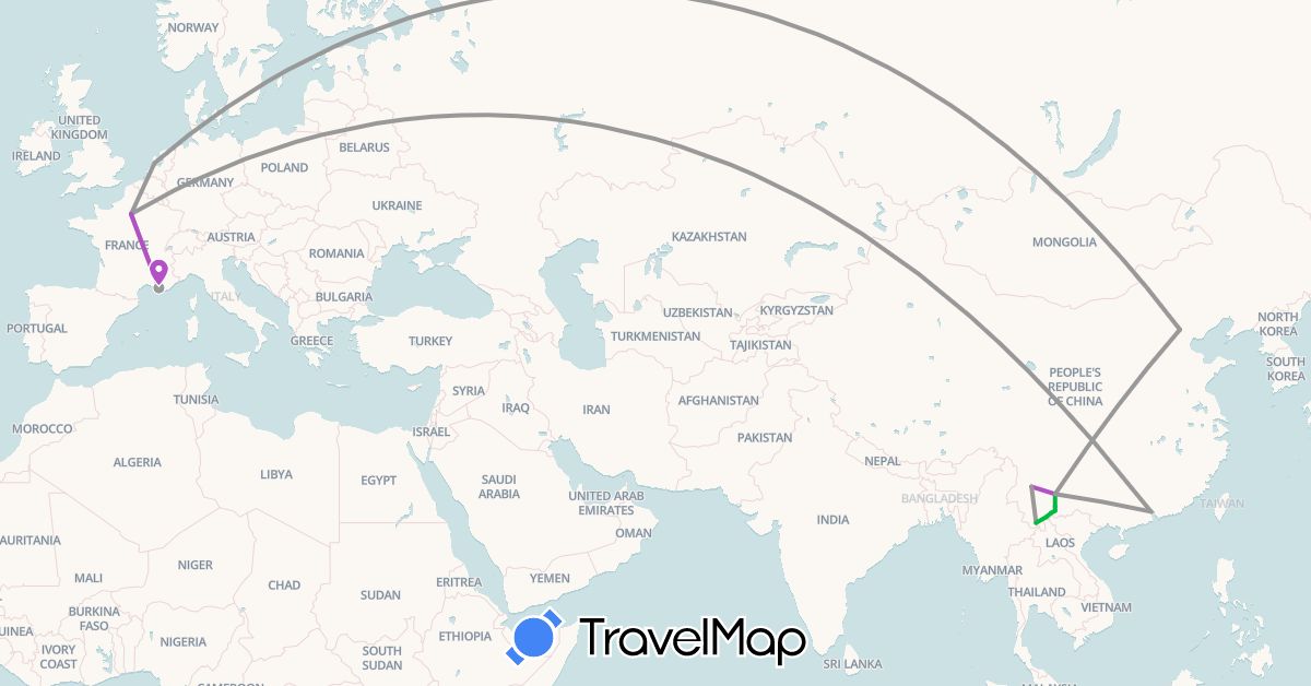 TravelMap itinerary: driving, bus, plane, train in China, France, Netherlands (Asia, Europe)